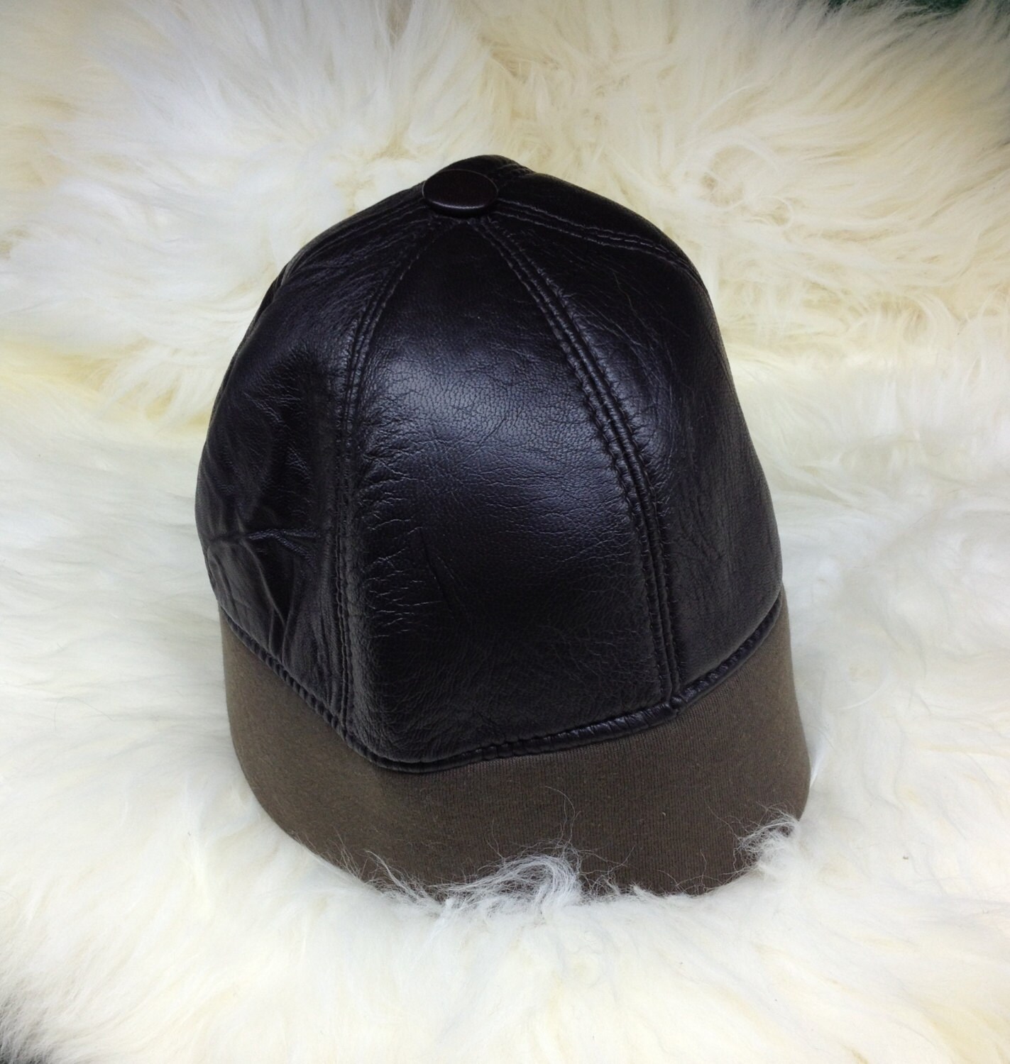 Sheepskin Fur Hat black Leather Cap 