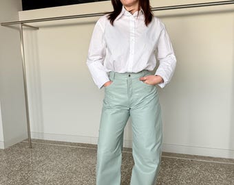Handmade cyan Nappa Leather pants. Premium soft and buttery calf skin.