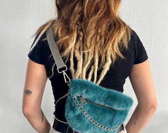 Real mink fur bumbag in petrol  with chain and zipper, wearable on waist, back or shoulder. Soft and lined fanny fur bag. Luxury gift