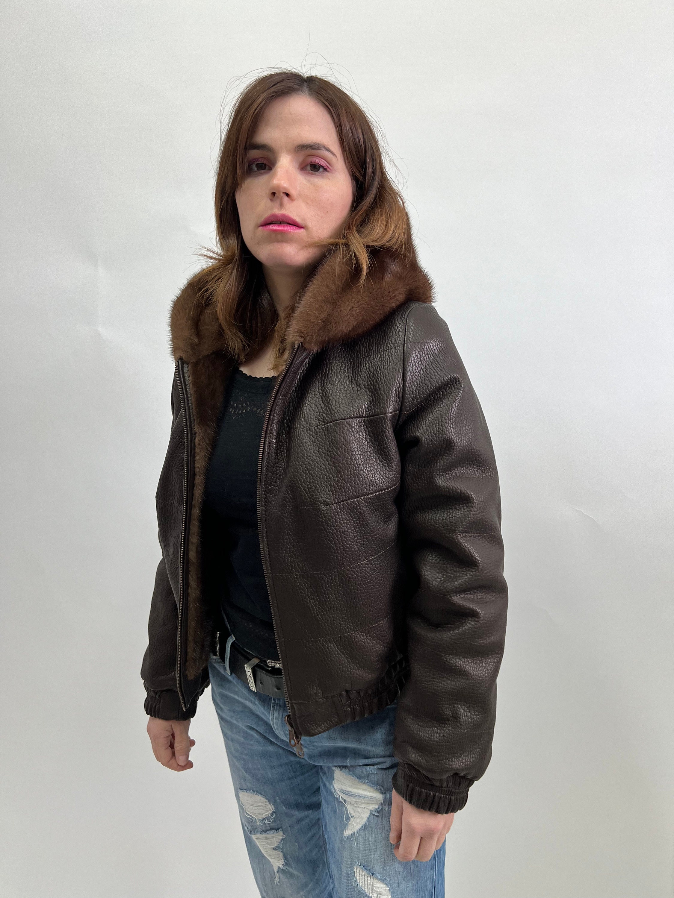 Reversible Brown Mink Fur Bomber Jacket: Leather Hooded Coat - Etsy