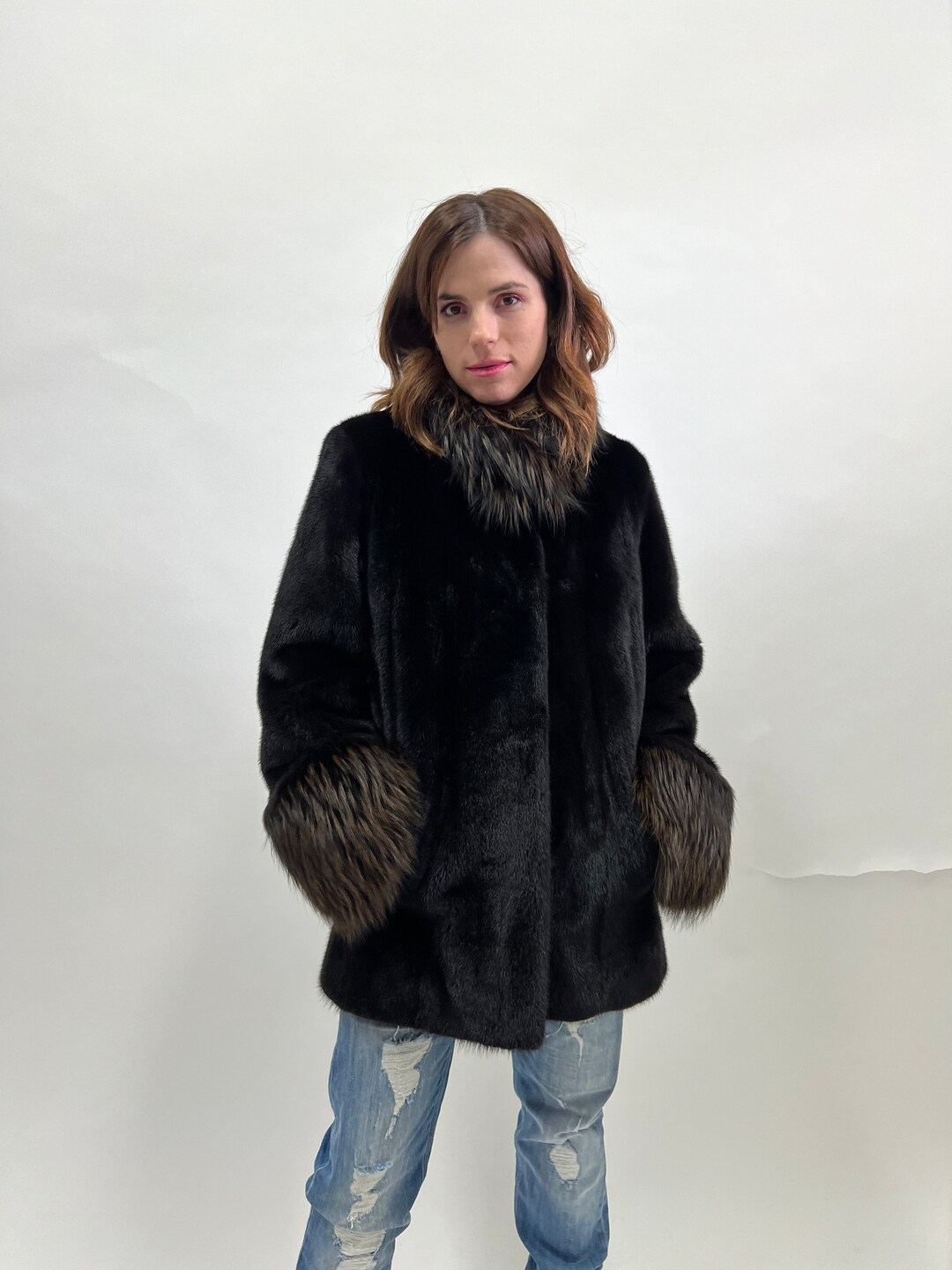 Real Mink Fur With Fox Collar and Cuffs, Saga Superior Black Jacket ...