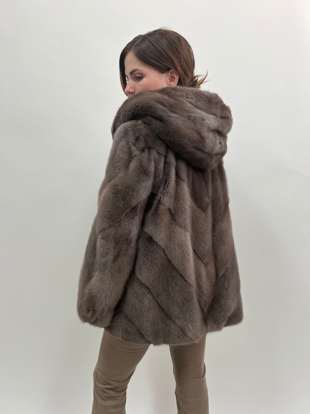 Real Cloud Mink Fur Diagonal Coat, Lavish Warm Grey Supple Mink Fur Hooded Jacket.saga Fur