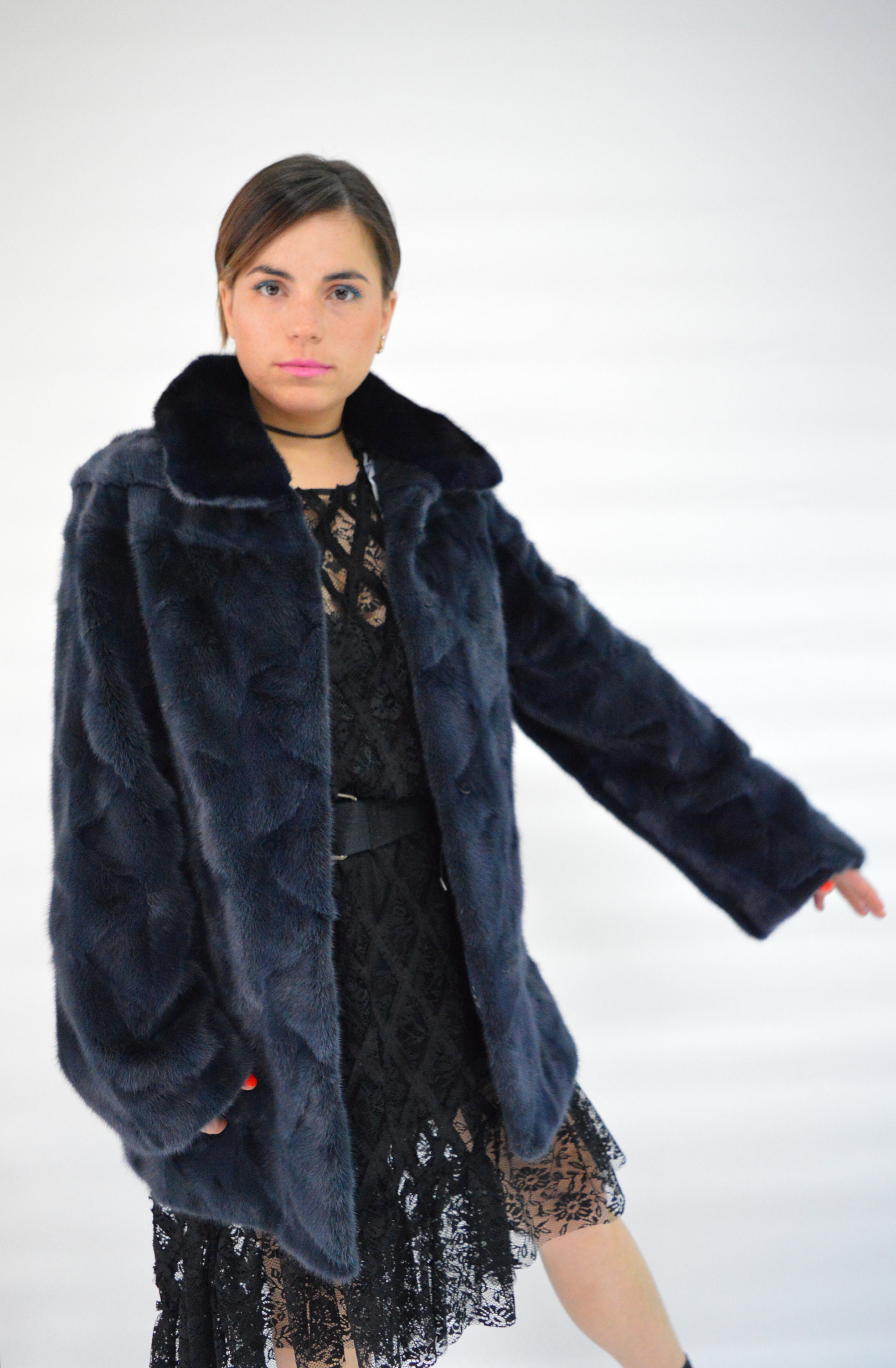 Real Navy Blue Mink Fur Coat With 