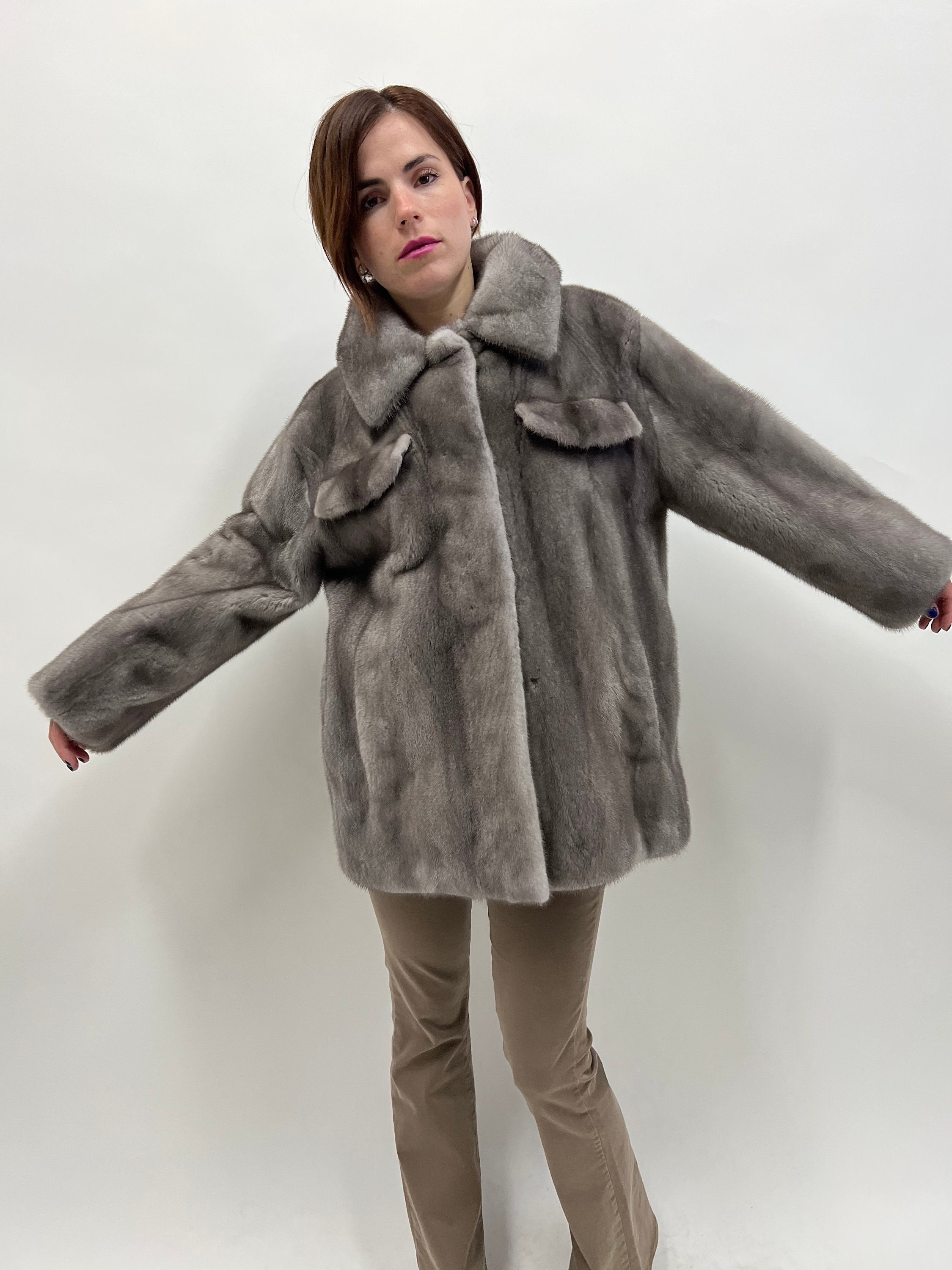 Real Blue Iris Mink Fur Over-shirt Coat With Pockets, Grey Real Blue Iris Mink Fur Over-shirt Coat With Pockets, Grey