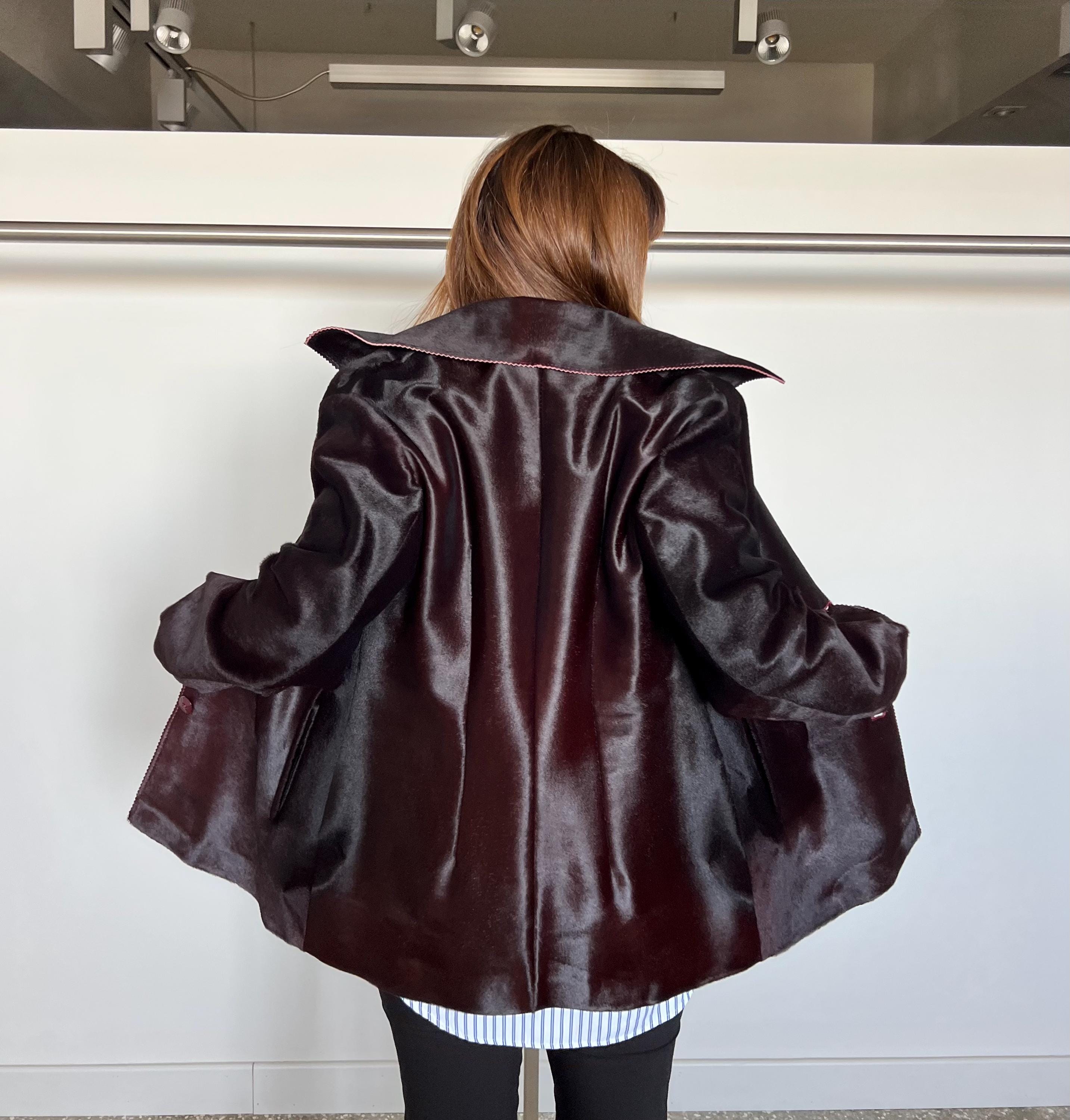 Burgundy Pony Hair Leather Coat: Handmade Calf Hide Jacket - Etsy