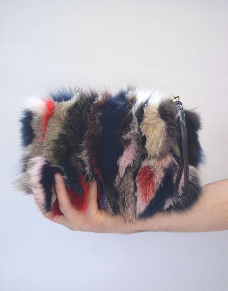 Real fox fur bag, real fur clutch bag, genuine leather handbag , wristlet real fur purse, zipped genuine fox fur pouch, evening fur bag. image 1