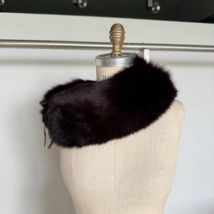 May include: A dark brown fur collar displayed on a vintage dress form. The collar is a rich, deep shade, with a soft, textured appearance. It is secured with a thin leather tie. The dress form is a neutral beige color.