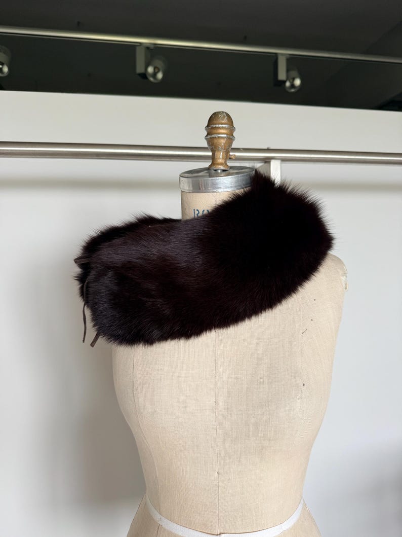 May include: A dark brown fur collar displayed on a vintage dress form. The collar is a rich, deep shade, with a soft, textured appearance. It is secured with a thin leather tie. The dress form is a neutral beige color.