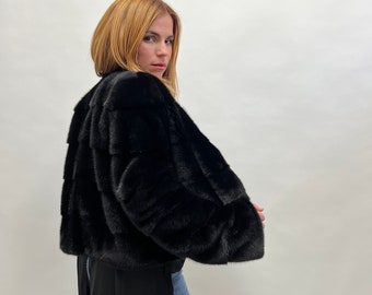 Saga Mink Fur Bolero Jacket: Black Horizontal Collar, Full Skin