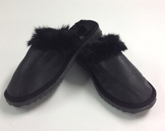 Black Shearling Slippers: Genuine Sheepskin Fur Shoes