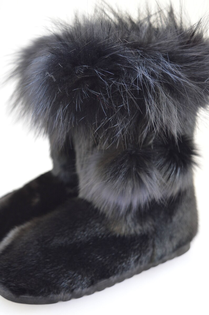 Real mink Fur boots black fox Fur booties full skin mink | Etsy