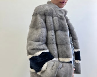 Sapphire Mink Fur Jacket: Navy, White & Grey Modern Coat - Etsy Canada