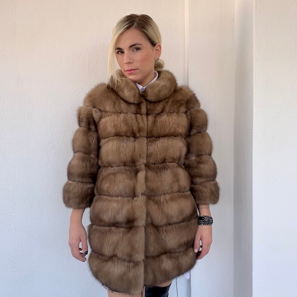 Real Sable Tortora jacket with clasp and suede leather fronting and cashmere lining.Luxury fur gift.