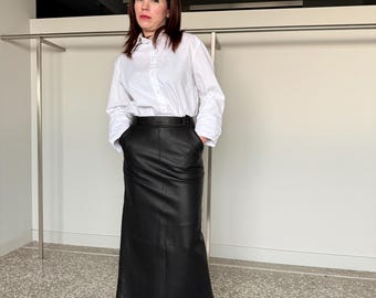 Handmade Black Nappa Leather full length pencil skirt. Premium soft and buttery calf skin.