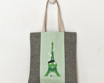 Sac eiffel grenouille en coton polyester, eiffel totebag, sac de course fourre-tout avec poche intérieur et extérieur