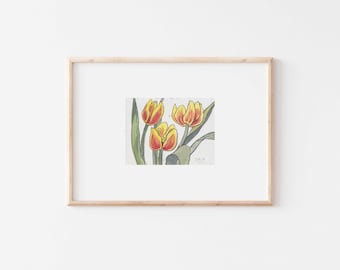 Pintura original de tulipán en gouache: arte floral rojo y amarillo, 15,8 x 11,8 cm