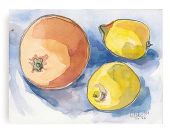 Acuarela original: Bodegón de naranjas y limones (15,8 x 11,8 cm)