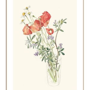 Wild flowers Bouquet PRINT pencil and watercolor drawing after wild flowers on the Summer fields botanical wall art by Catalina image 1