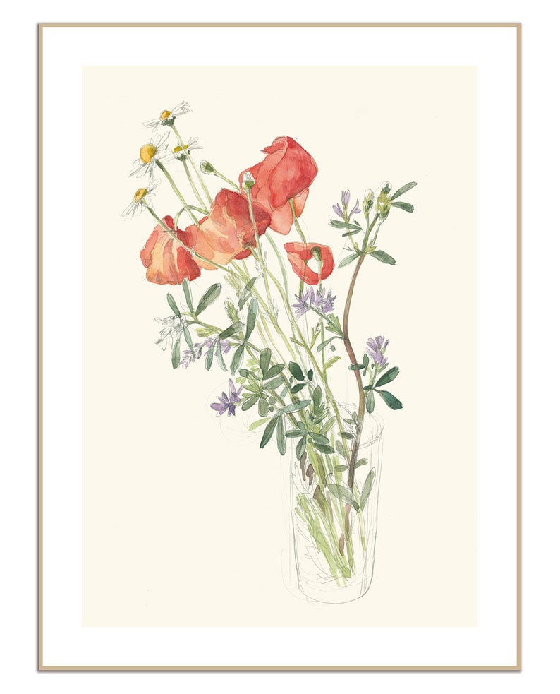 Wild flowers Bouquet PRINT pencil and watercolor drawing after wild flowers on the Summer fields botanical wall art by Catalina image 1