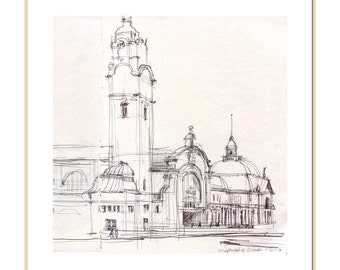 Dibujo arquitectónico de la estación de Wiesbaden - IMPRESIÓN - Boceto urbano de la ciudad de Wiesbaden en el lugar por Catalina.