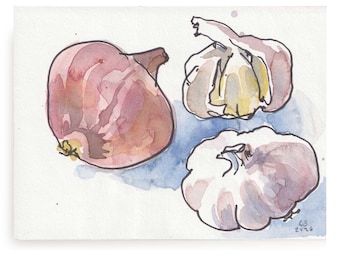 Acuarela original de cebolla y ajo, obra de arte en papel pequeño (16 cm x 12 cm)