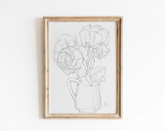 Dibujo original a lápiz, Rosas en un jarrón, papel A5 - 5,8" x 8,3", 14,8 x 21,0 cm