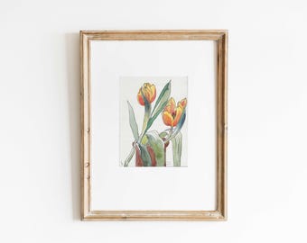 Acuarela original de flores – Tulipanes rojos y amarillos, tamaño 6.2" x 4.6"