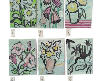 Cuadro original ACEO "Flor Verde", 2,5" x 3,5", motivos florales gráficos con gouache y acrílico.