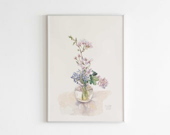 Impresión de acuarela de jarrón floral, delicado arte botánico