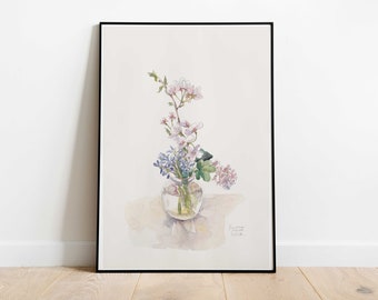 Spring bloom, Flowers in a Vase - Print of my watercolour and pencil drawing - Still life watercolour by Catilustre
