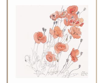 Red Poppy PRINT - dibujo lineal y acuarela roja de amapolas - Arte Pleinair - dibujo botánico moderno estampado de arte floral por Catalina