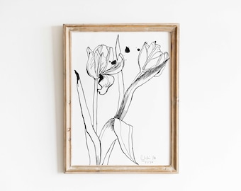 Dibujo original a tinta, Tulipanes – 5,8 x 8,3 pulgadas, Arte botánico lineal, tamaño A5.