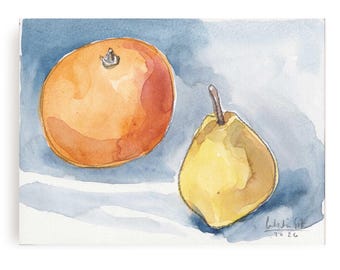 Acuarela original: Bodegón de naranja y pera (15,8 x 11,8 cm)