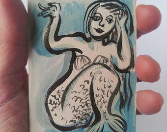 ACEO Original, Serie de pinturas "Sirenas", minitarjetas de gouache y acrílico de 2,5" x 3,5".