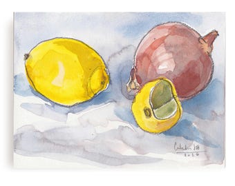 Acuarela original: "Limones y cebolla morada" - 15,8 x 11,8 cm, de Catalina S.A.