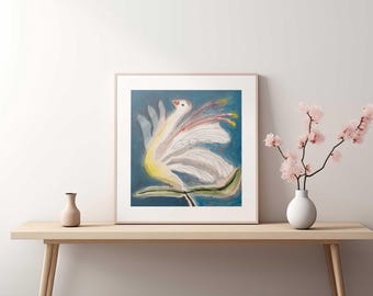 Impresión en técnica mixta de cisne: ilustración surrealista en acuarela de un cisne floreciendo en la oscuridad.