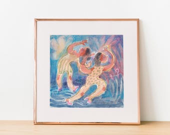 Acuarela ORIGINAL "Wow" 5,9" x 5,9" - pareja maravillada, pintura en técnica mixta, tamaño cuadrado.