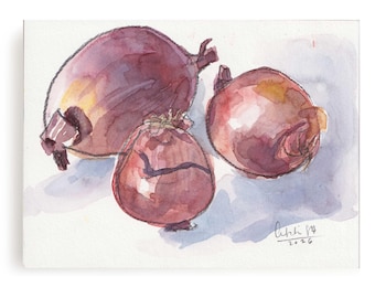 Acuarela original: "Cebollas rojas" - 15,8 x 11,8 cm, de Catalina S.A.