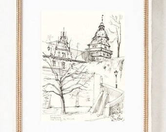 Architecture drawing - PRINT of my line drawing, a palace in Aschaffenburg, Bavaria. Johannisburg castle Architecture Sketch by Catalina S.A