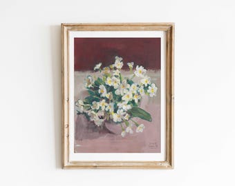 Impresión Primrose de mi pintura de flores blancas con gouache (5x7, 8x10)