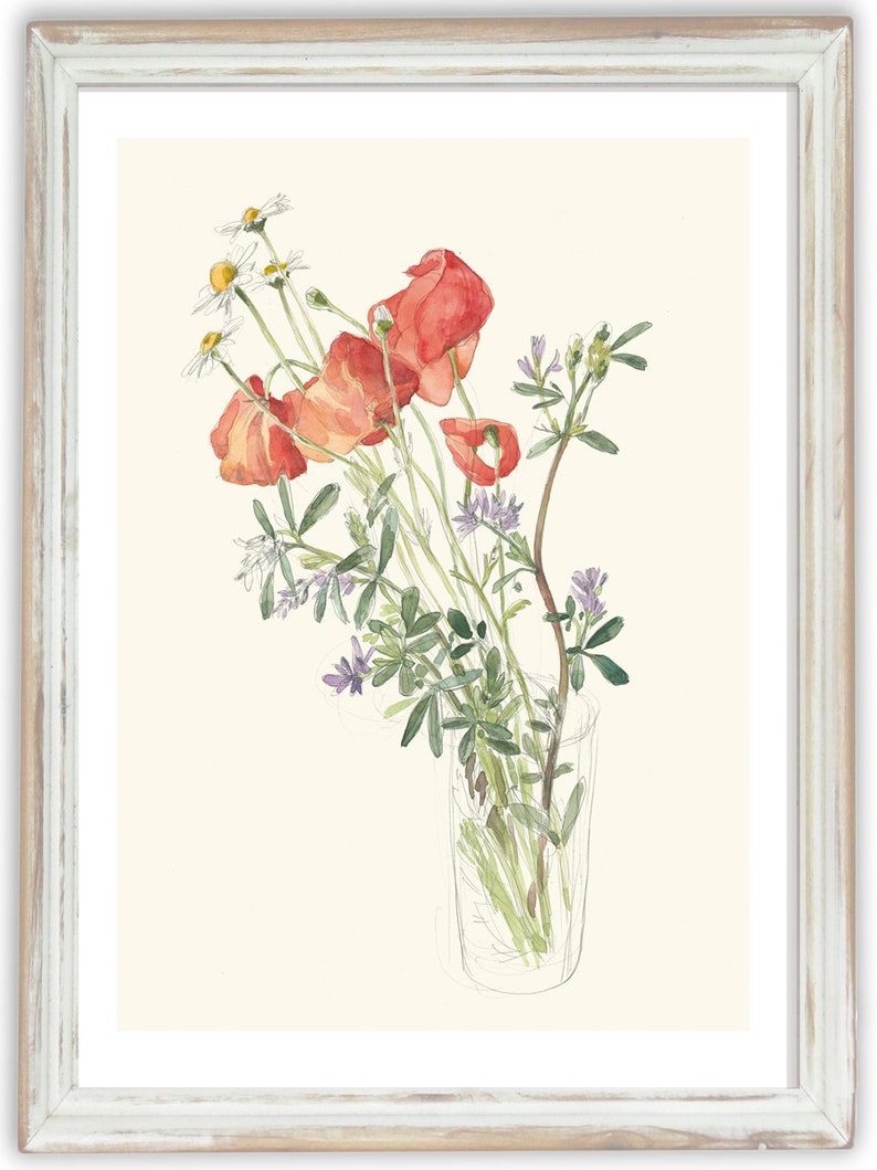 Wild flowers Bouquet PRINT pencil and watercolor drawing after wild flowers on the Summer fields botanical wall art by Catalina image 5