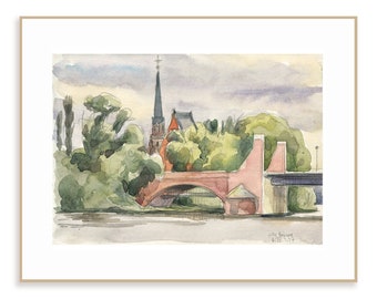 Frankfurt Alte Brücke, boceto en acuarela Frankurt am Main - dibujo de la ciudad de Frankfurt, acuarela urbansketch en el lugar por Catalina