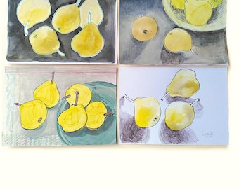 Bodegón de peras original – Acuarela a lápiz (tamaño A5, 2026)