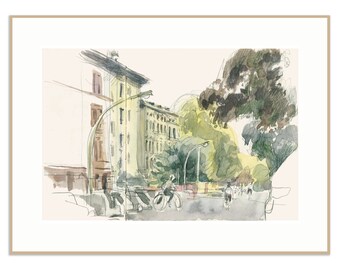 Frankfurt am Main, pencil drawing - PRINT of my sketchbook page, a watercolor and pencil sketch in the Frankfurt Nordend, Catalina S.A