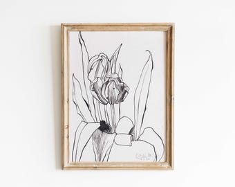 Dibujo original de tulipán en tinta: impresión botánica lineal tamaño A5