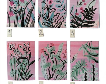 Cuadro original ACEO "Flor de menta rosa", 2,5" x 3,5", motivos florales gráficos con gouache y acrílico.