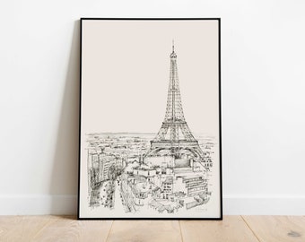 Paris La Tour Eiffel  line sketch - Architectural Print of the Eiffel Tower with black ink by Catilustre