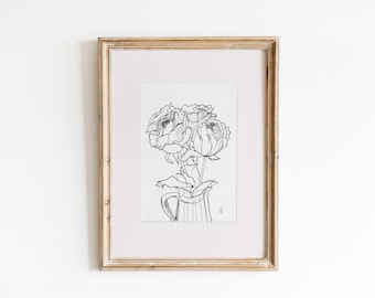 Dibujo original a tinta, Rosas en un jarrón, papel A6 - 4,13" x 5,83" (10,5 x 14,8 cm)