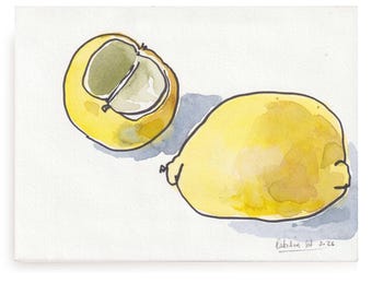 Arte original de acuarela de limón: dibujo de naturaleza muerta en tinta (15,8 x 11,8 cm)