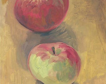 Apples painting ORIGINAL still life, oil painting on wood panel - small size wall art - oil on panel by Catalina